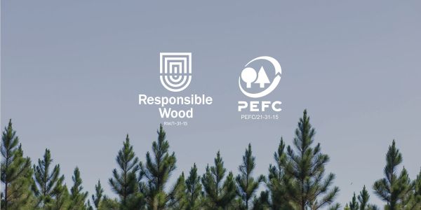 Timber certification logos above forest