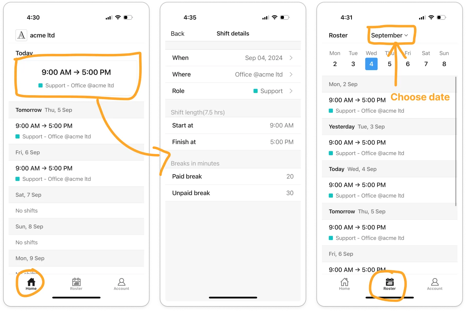 The Home tab on a phone, showing the Today card, a Tomorrow row and a No shifts row