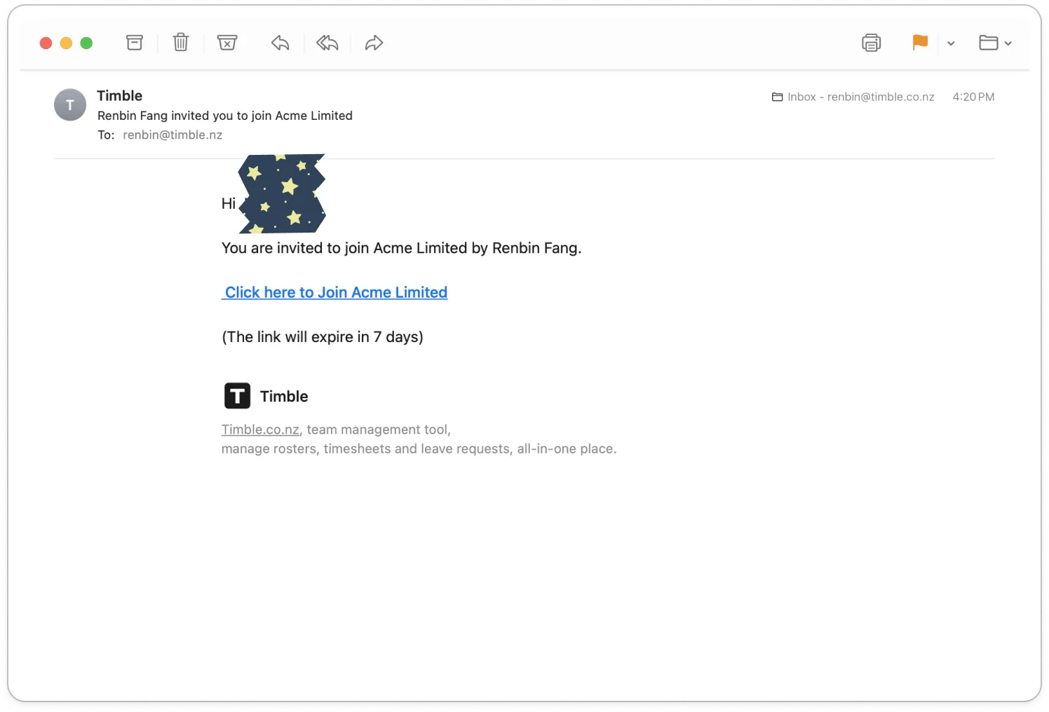 The invitation email, with the Click here to Join link highlighted