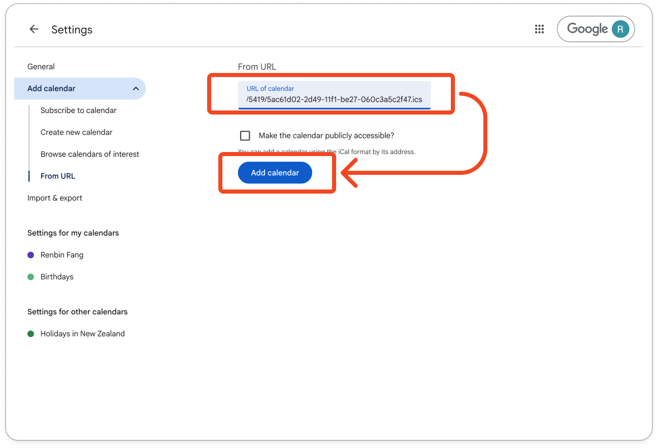 The From URL page with a Timble link pasted in and Add calendar highlighted