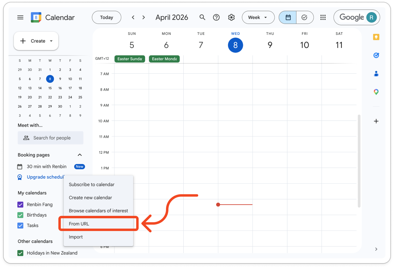 Google Calendar with the + next to Other calendars open and From URL highlighted