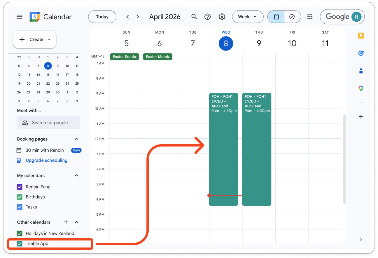 Timble shifts showing in Google Calendar, with Timble App ticked under Other calendars