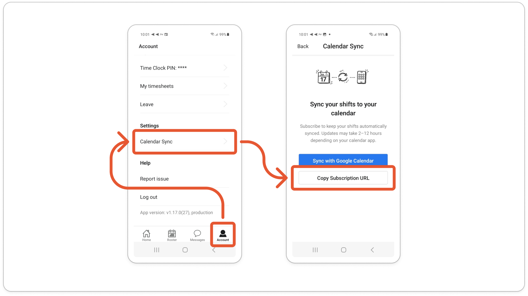 Account screen with Calendar Sync highlighted, next to the Calendar Sync screen with Copy Subscription URL highlighted