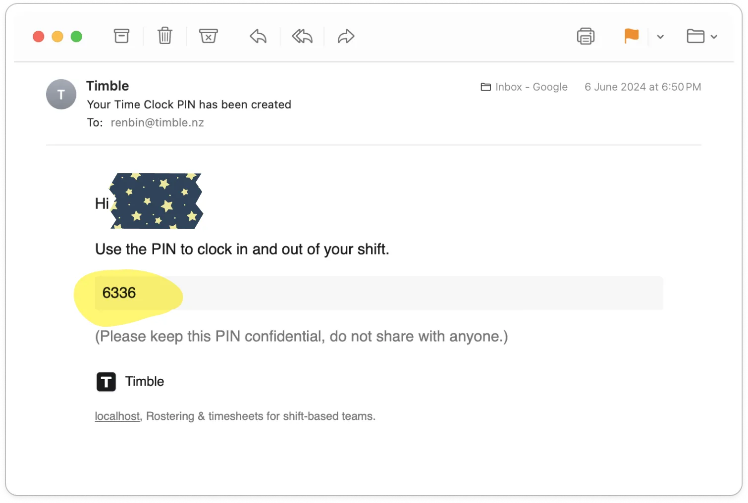 The "Your Time Clock PIN has been created" email with the PIN highlighted
