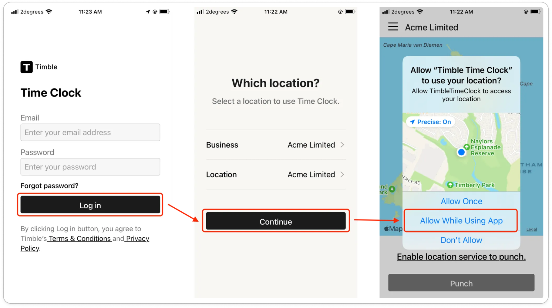 The Time Clock login screen, the "Which location?" screen, and the location permission request