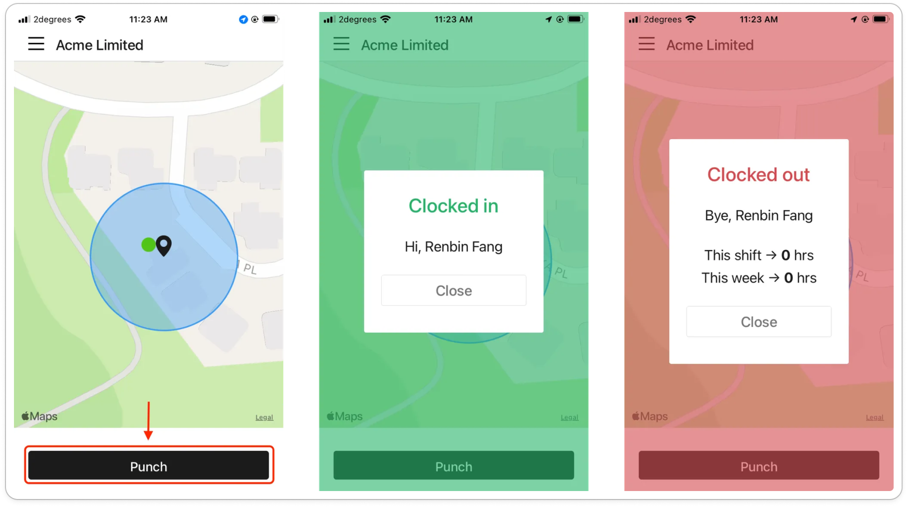 The Punch screen, the green "Clocked in" message and the red "Clocked out" message