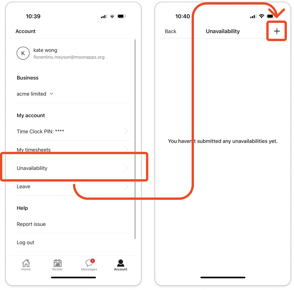 The Account screen with Unavailability highlighted, next to the empty Unavailability screen