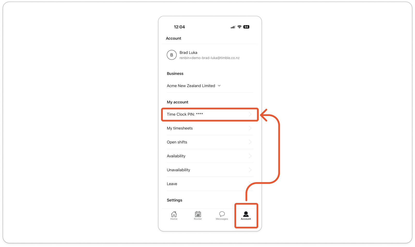 The Account tab with the Time Clock PIN row under My account