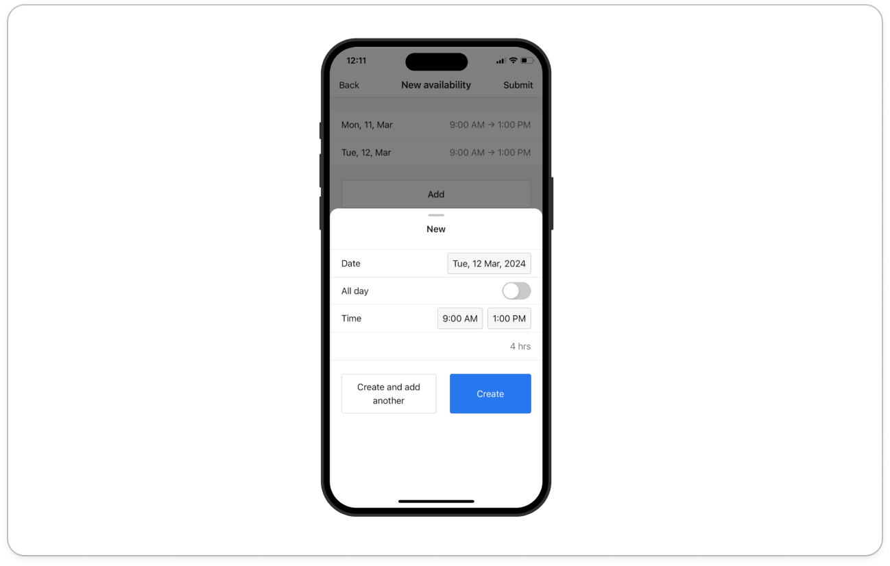 The New panel with Date, the All day switch, Time and the Create and add another and Create buttons