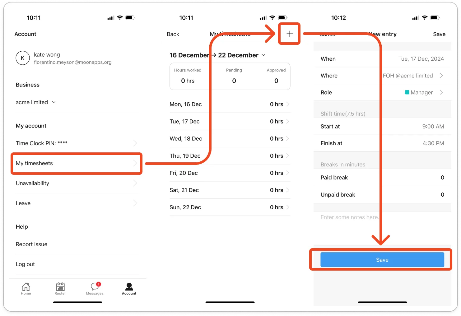 The New entry form showing When, Where, Role, Shift time, Start at, Finish at, Paid break and Unpaid break