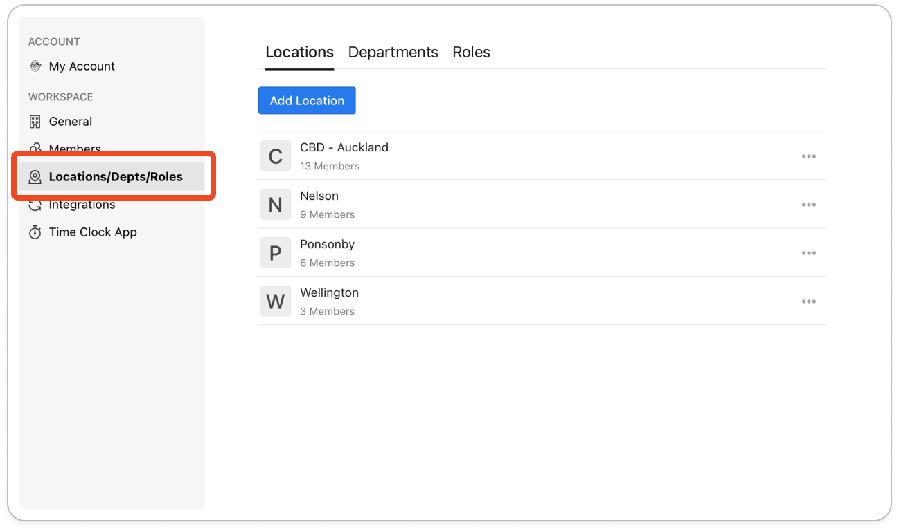 Settings open on Locations/Depts/Roles with the Locations tab selected, showing Add Location above the list of locations
