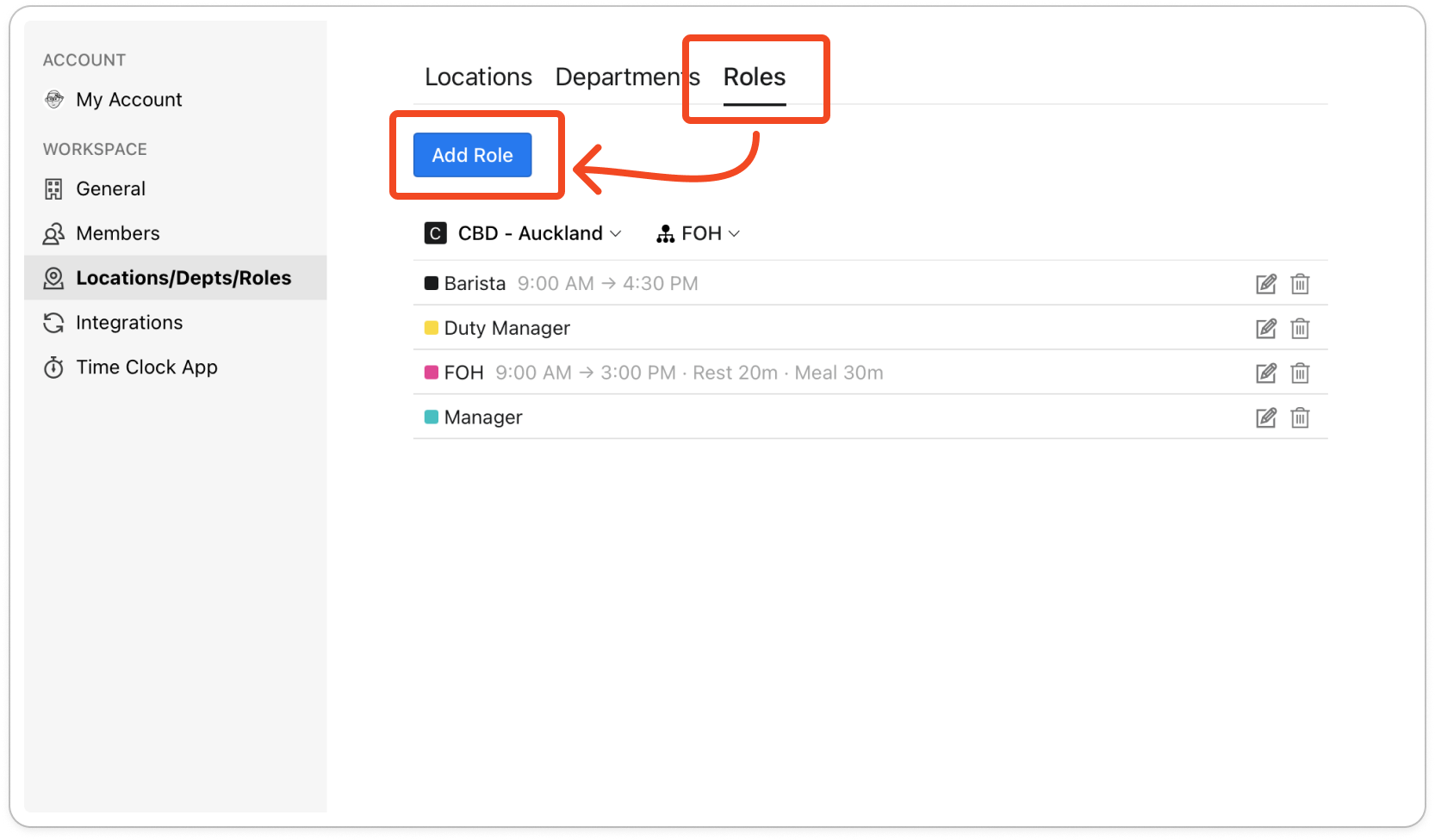 The Roles tab with the location and department buttons above the list and the Add Role button