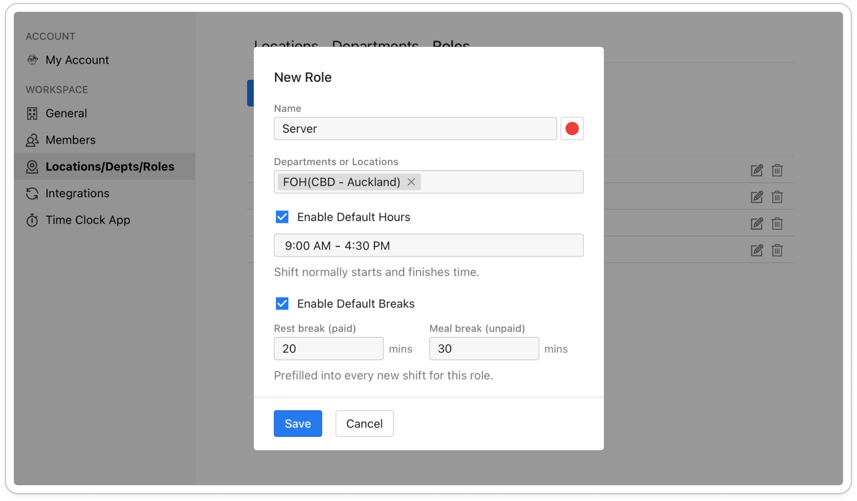 The New Role dialog with a name and colour set, two selections under Departments or Locations, and both default boxes ticked