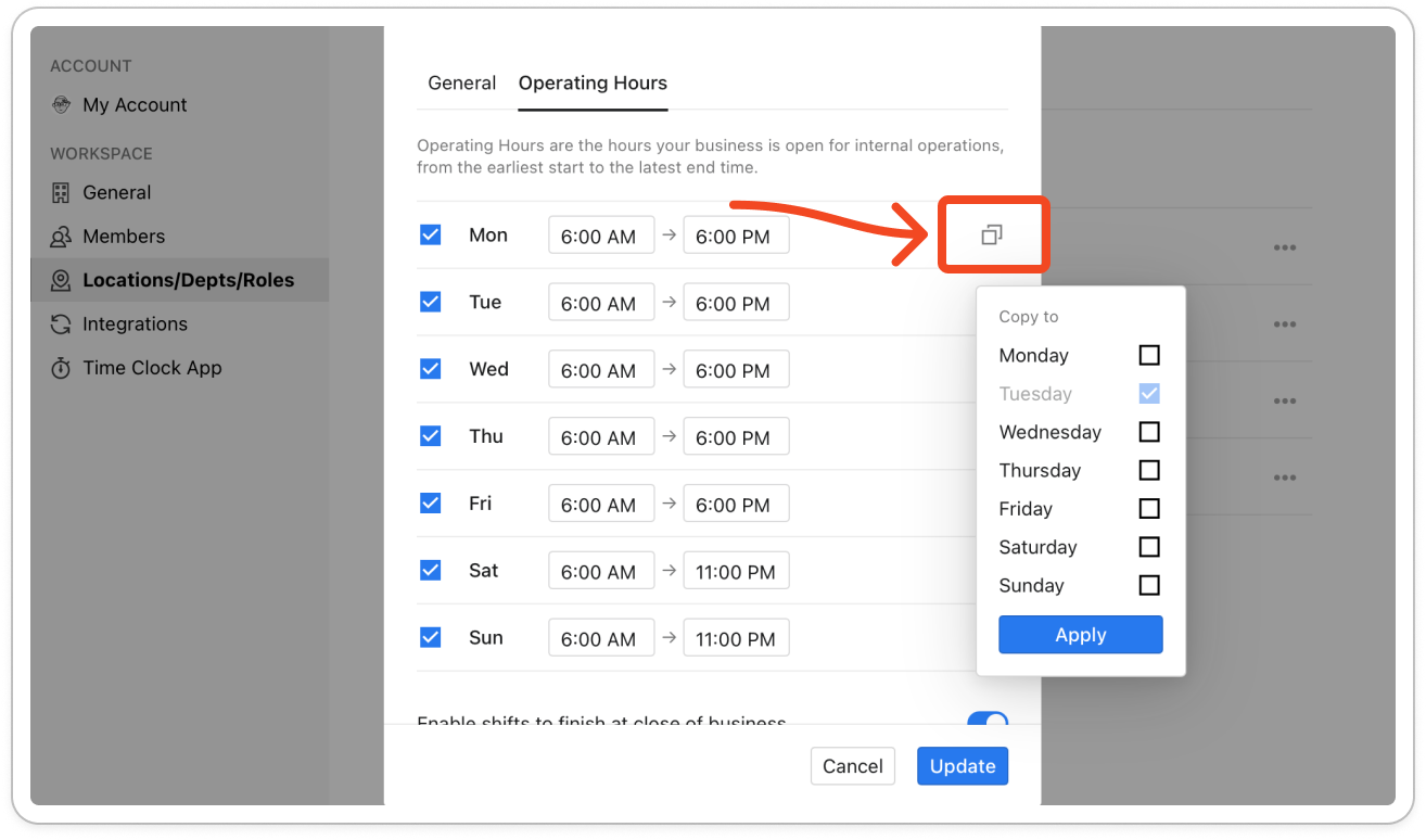 The Copy to popover beside a day row, with several days ticked and the Apply button