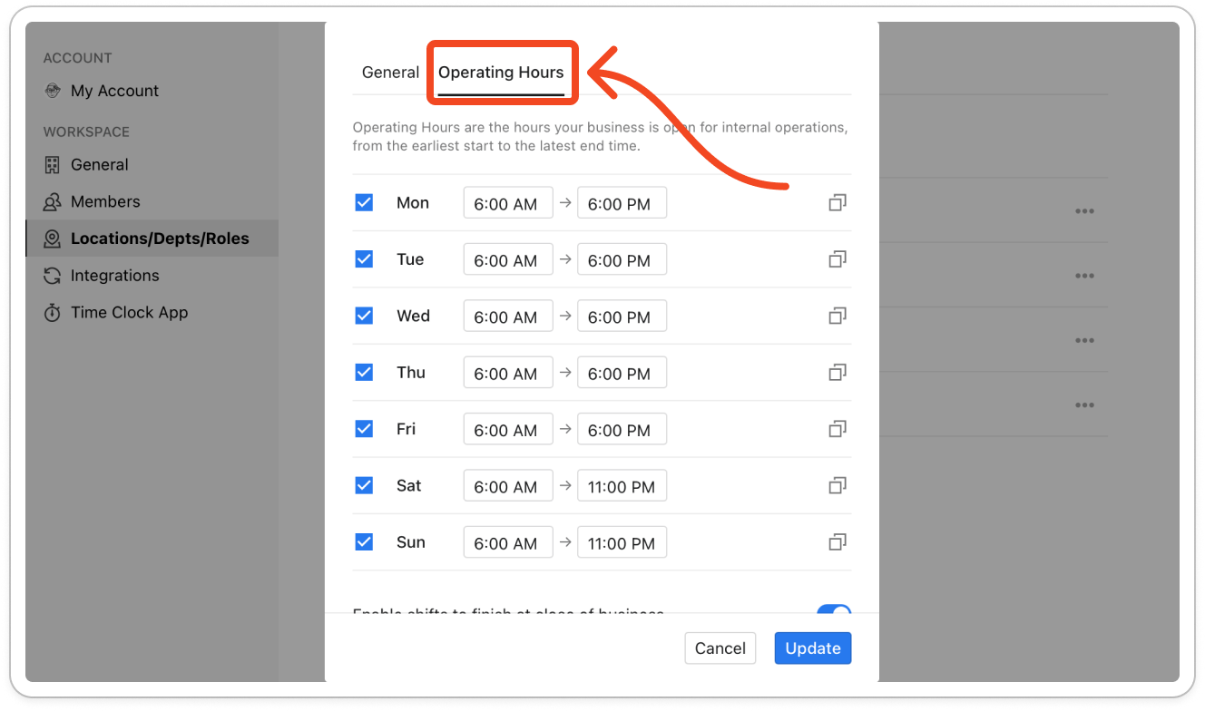 The Location Settings window open on the Operating Hours tab, showing the seven day rows and the switch below them