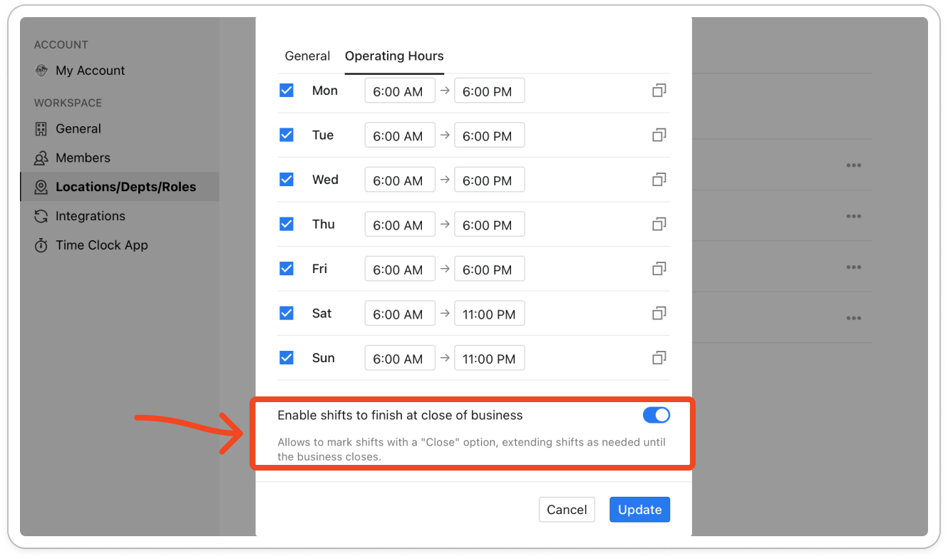 The Enable shifts to finish at close of business switch turned on, with one day row reading Closed above it