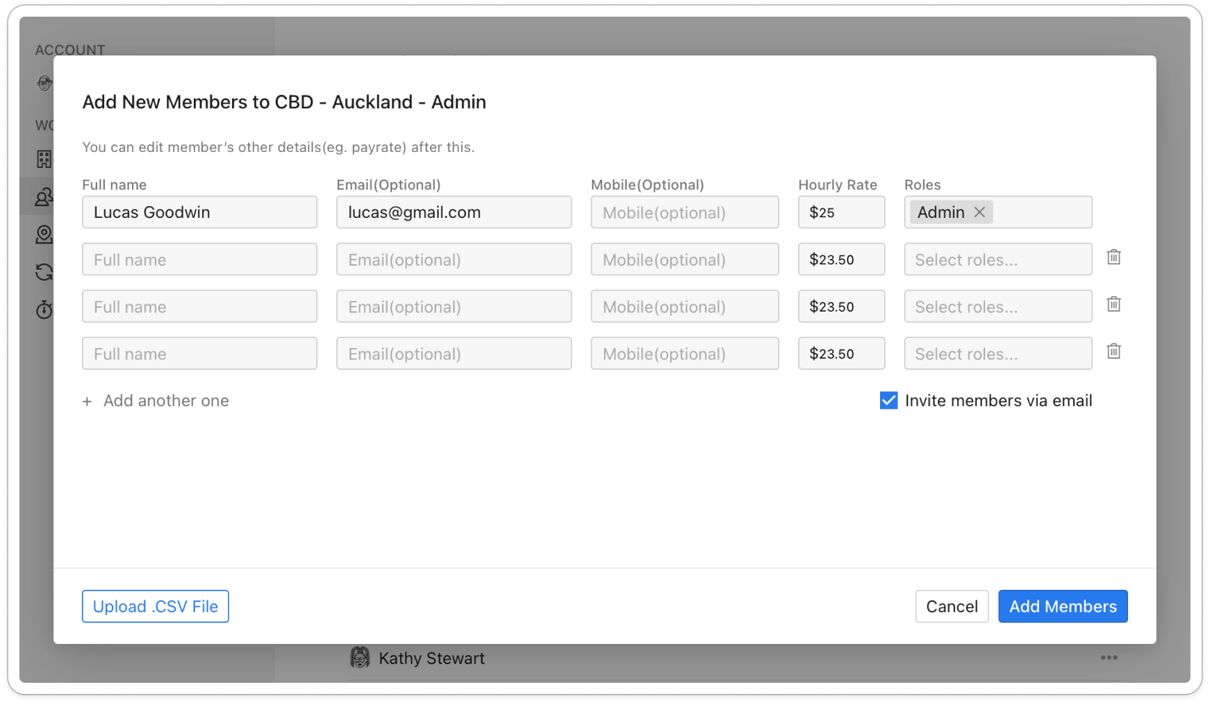 The Add New Members dialog with three rows filled in, one role picked on each, and the Invite members via email box ticked
