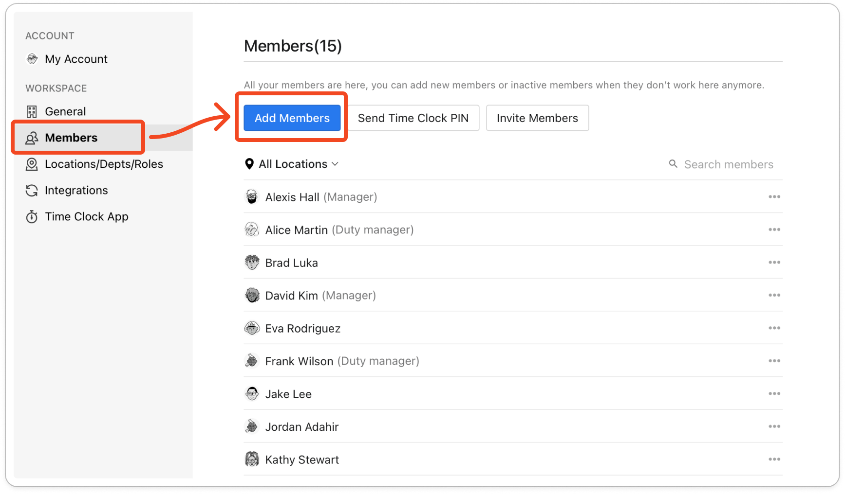 The Members screen with the Add Members, Send Time Clock PIN and Invite Members buttons above the list