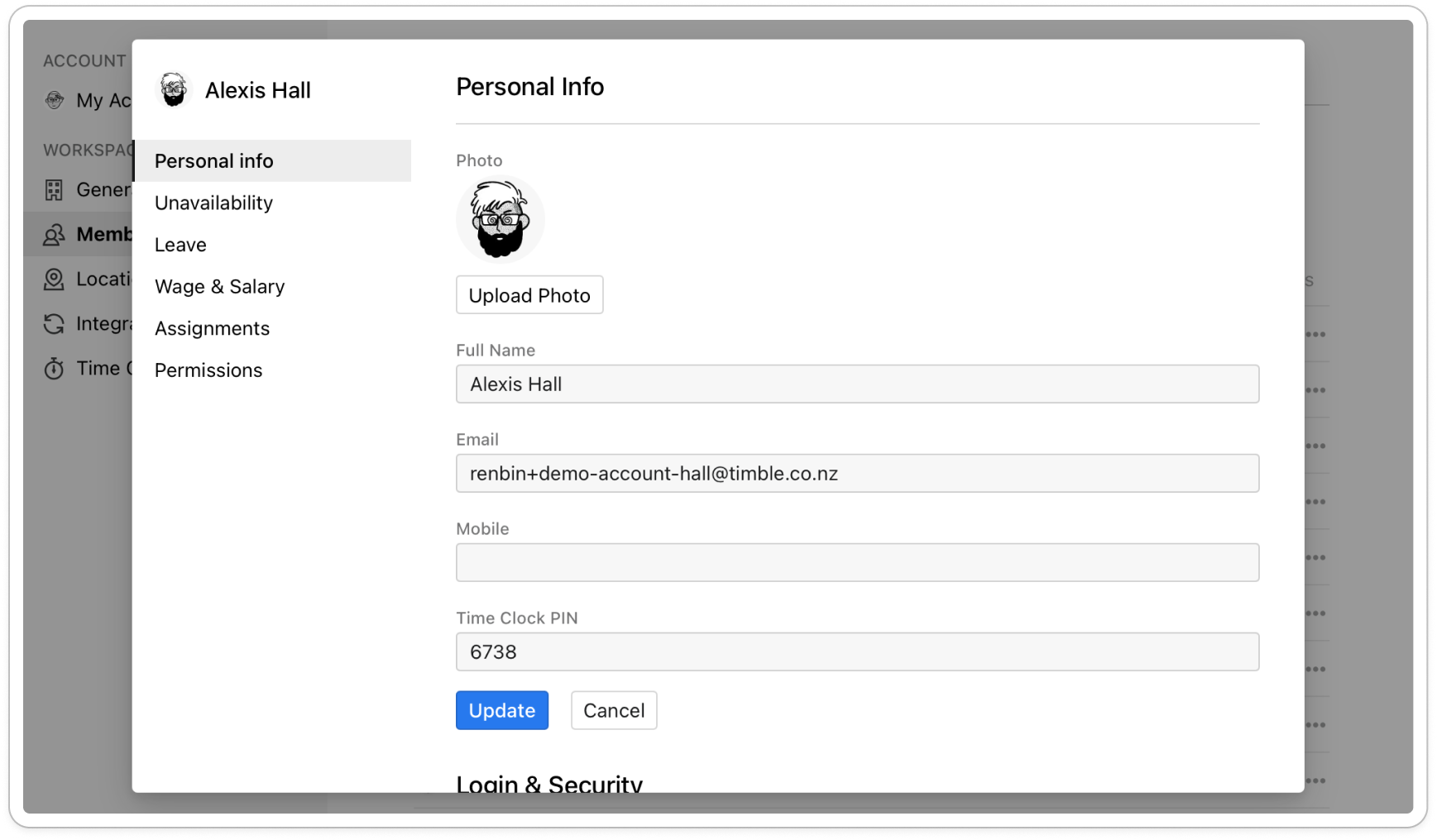 The Personal info tab with Photo, Full Name, Email, Mobile and Time Clock PIN filled in and the Update button active