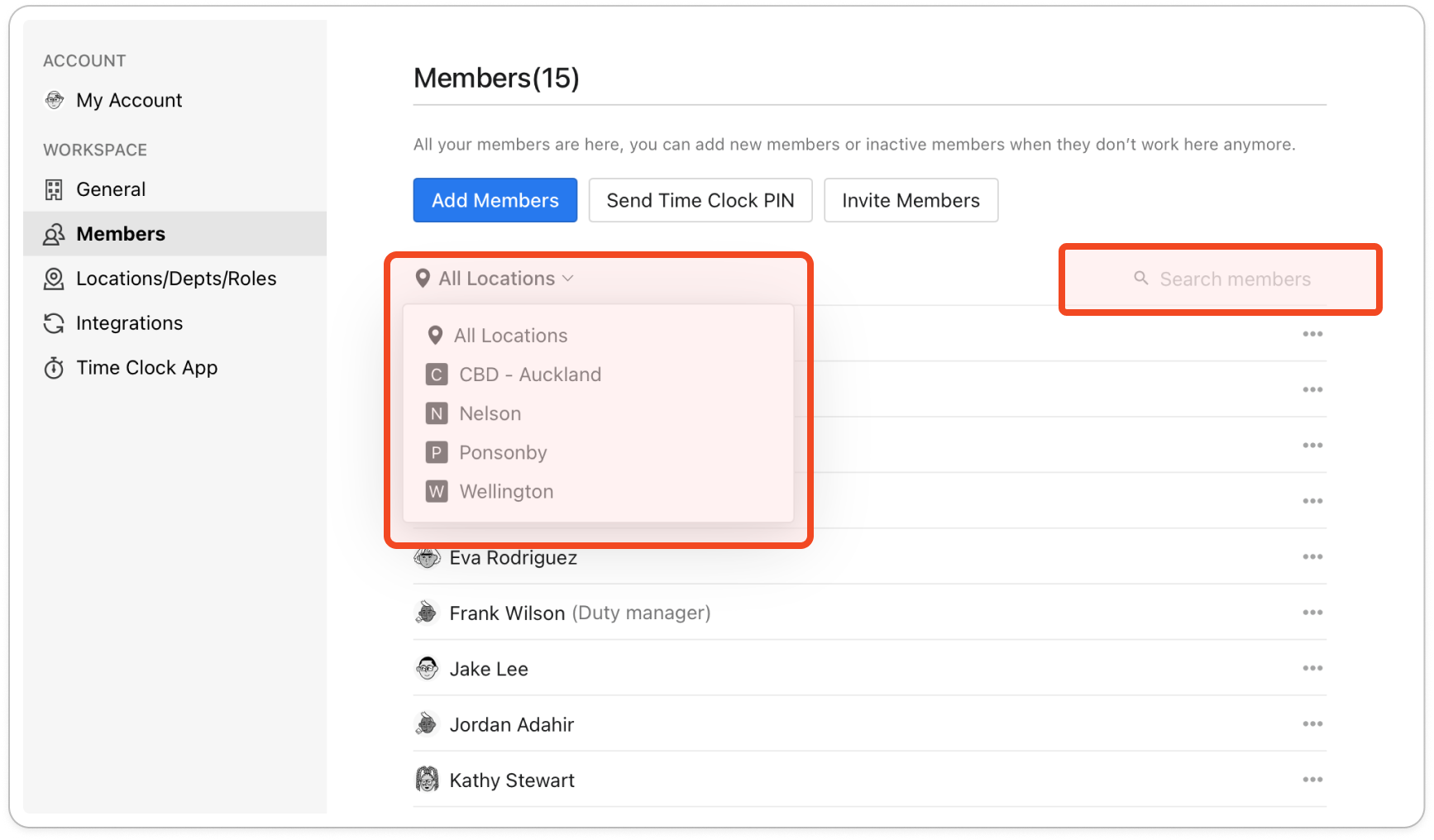 The Members list with the location, department and role buttons above it and the search box, pointer on a member's name