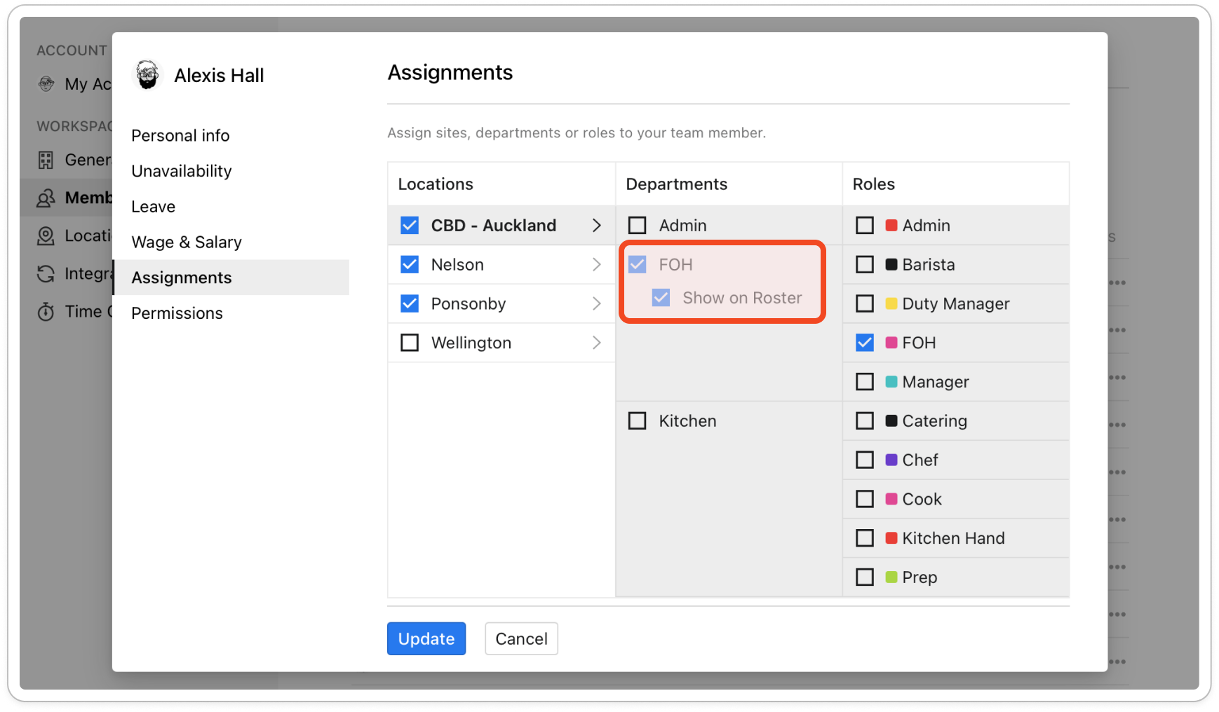 A ticked department with Show on Roster beneath it, and two roles ticked in the column beside it