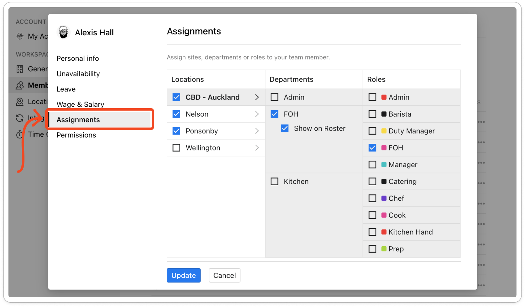 The Assignments tab of a manager's profile with three locations ticked and a department ticked in the selected one