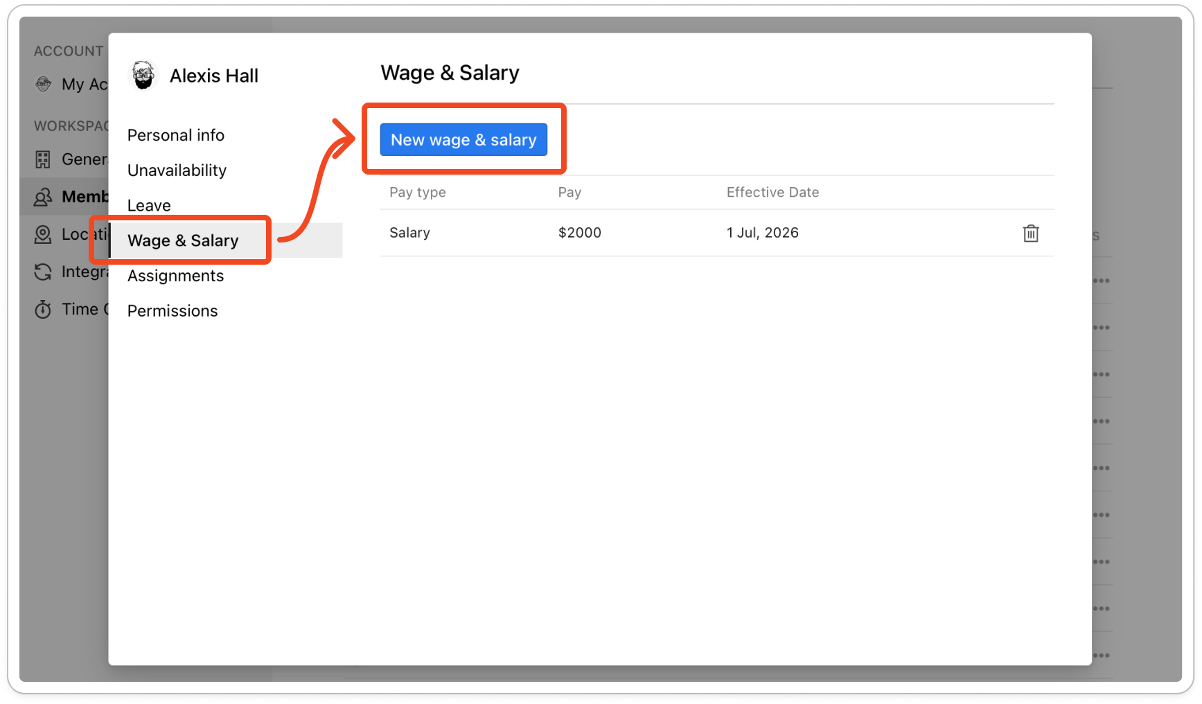 The Wage & Salary tab of a member's profile, showing the New wage & salary button above a table with Pay type, Pay and Effective Date columns