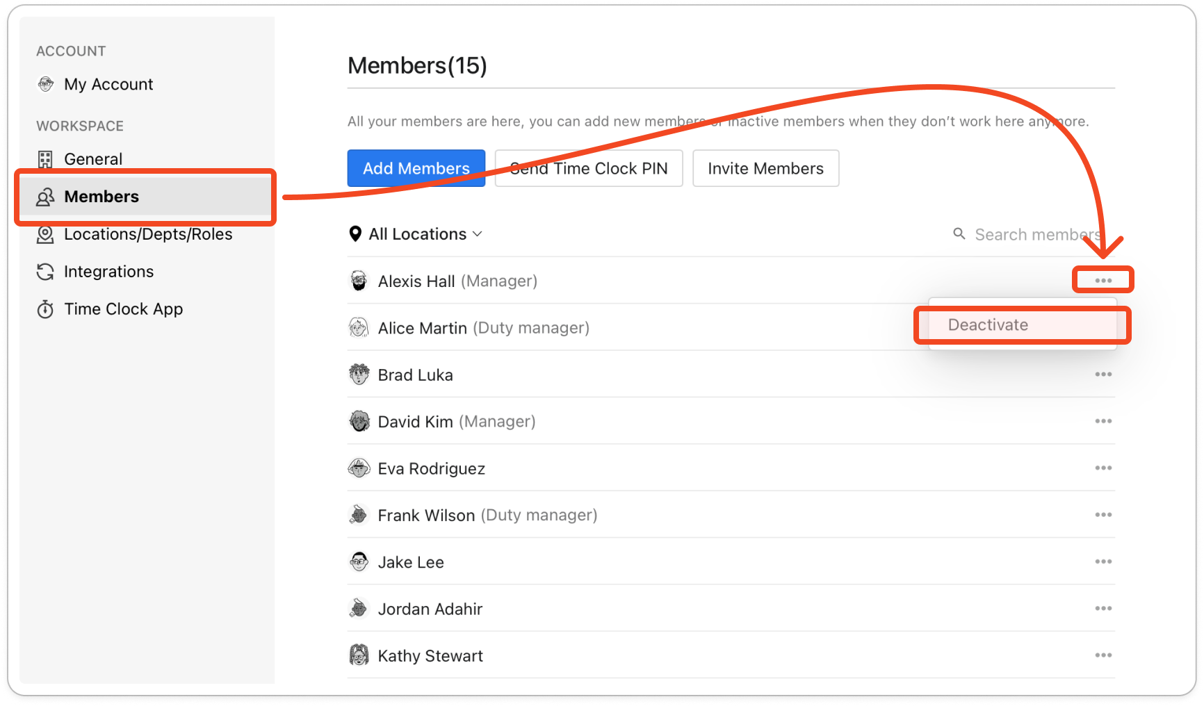 The Members list with the three dots on one member's row clicked and the Deactivate option showing