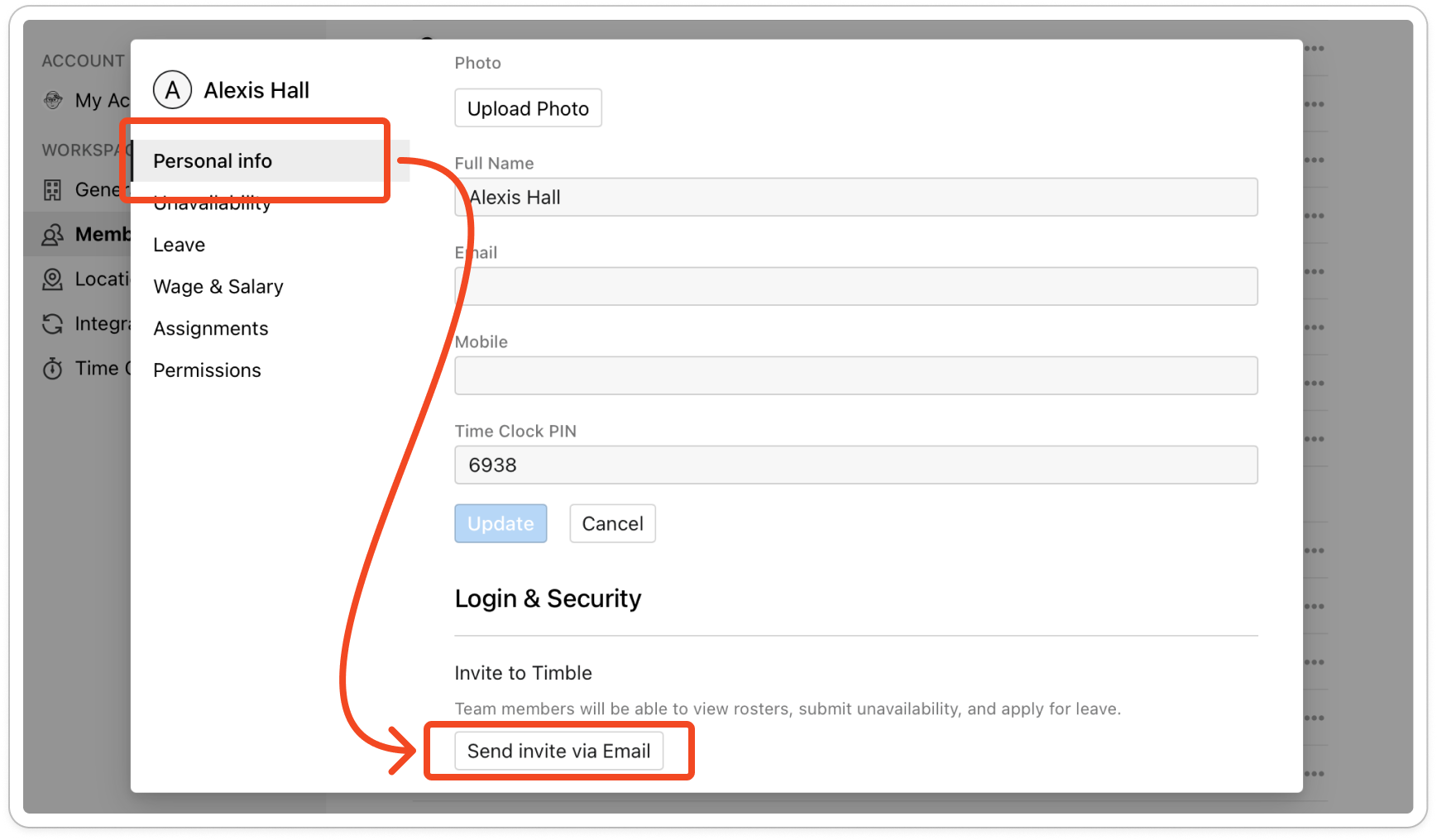 The Login & Security section of a member's profile with the Send invite via Email button and Sent! beside it