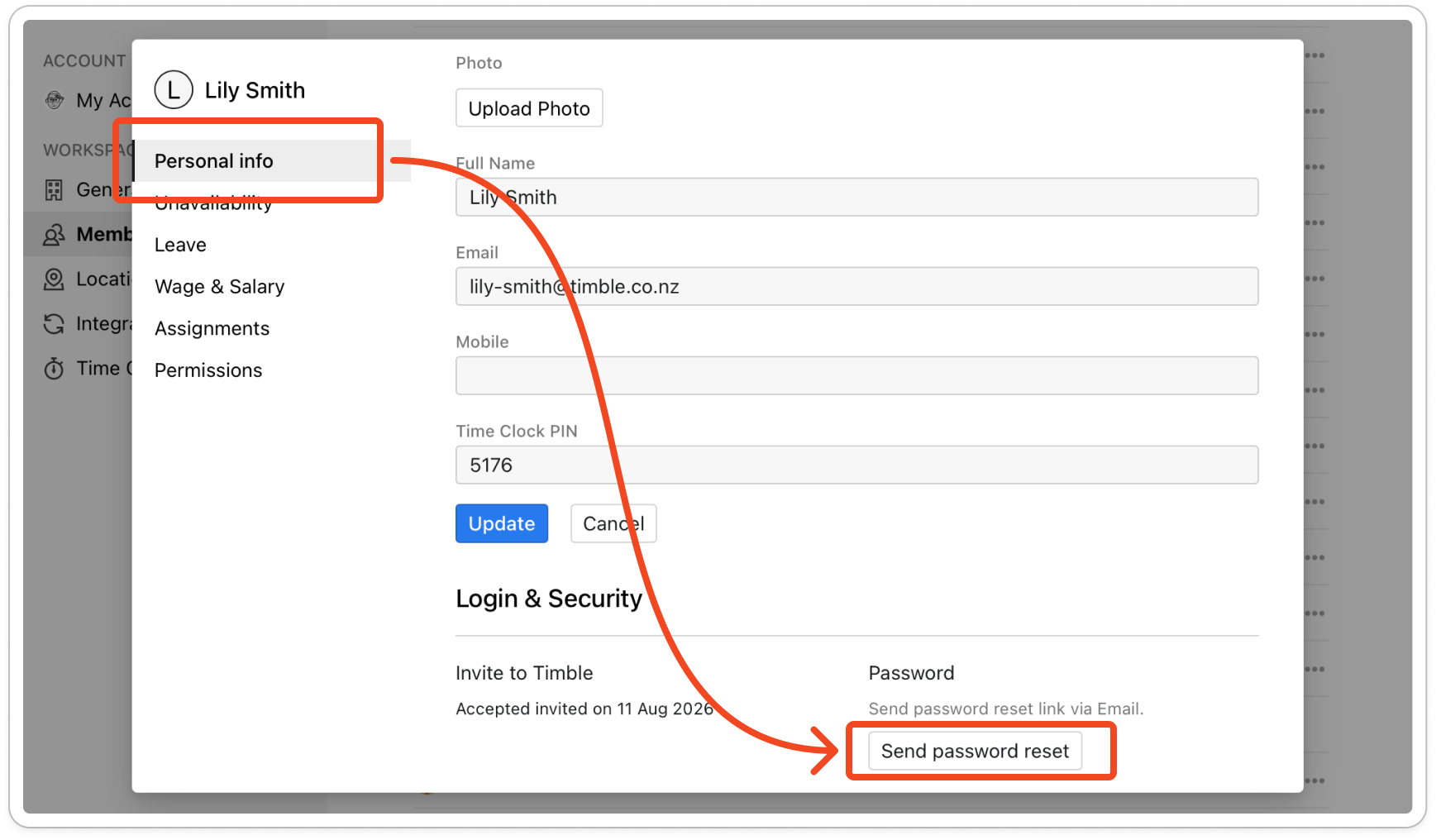 The Login & Security section for a member who has joined, showing the accepted date and the Send password reset button