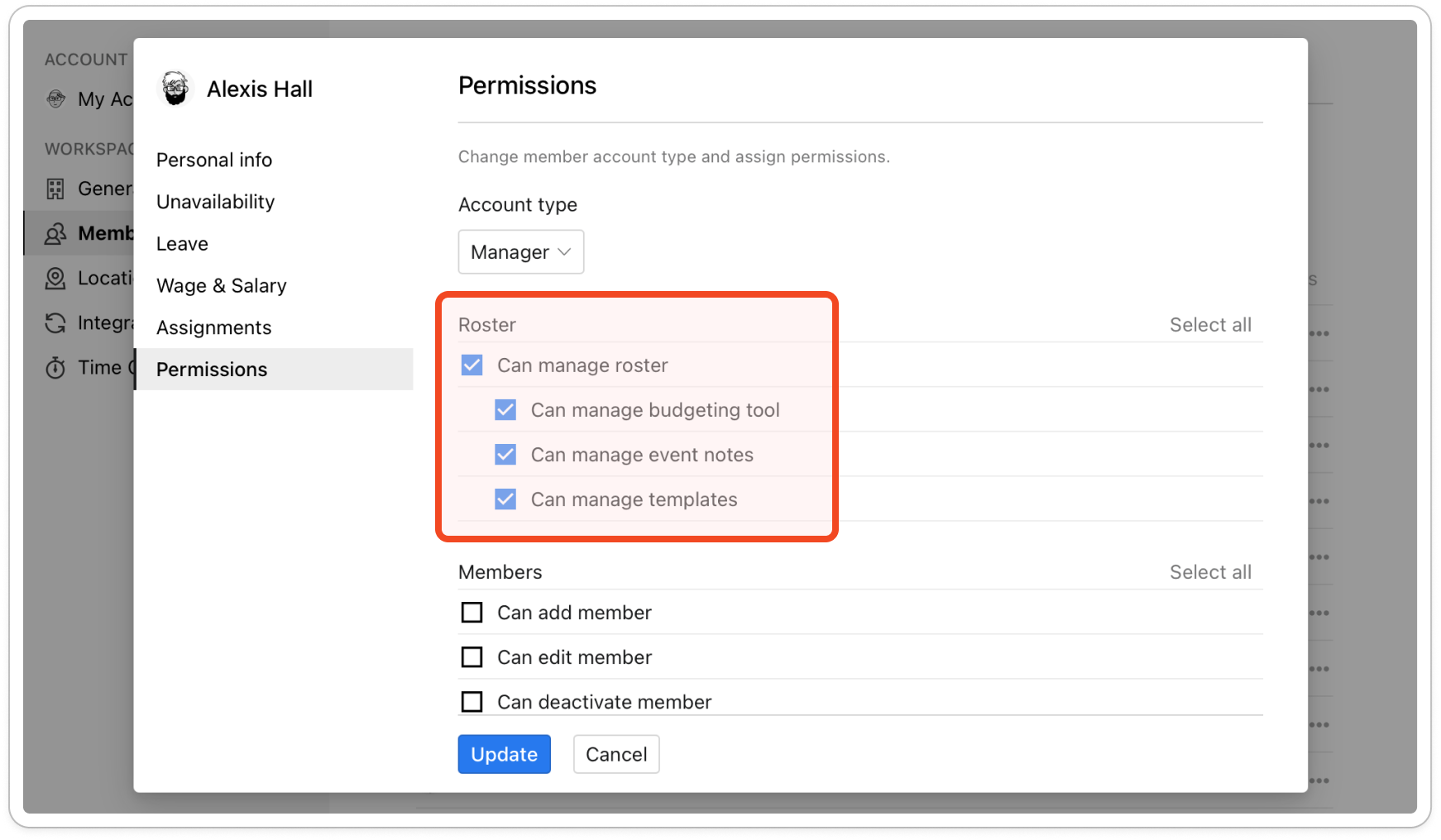 The Permissions tab with Manager chosen, the permission groups below it with their Select all buttons, and the Update button at the bottom