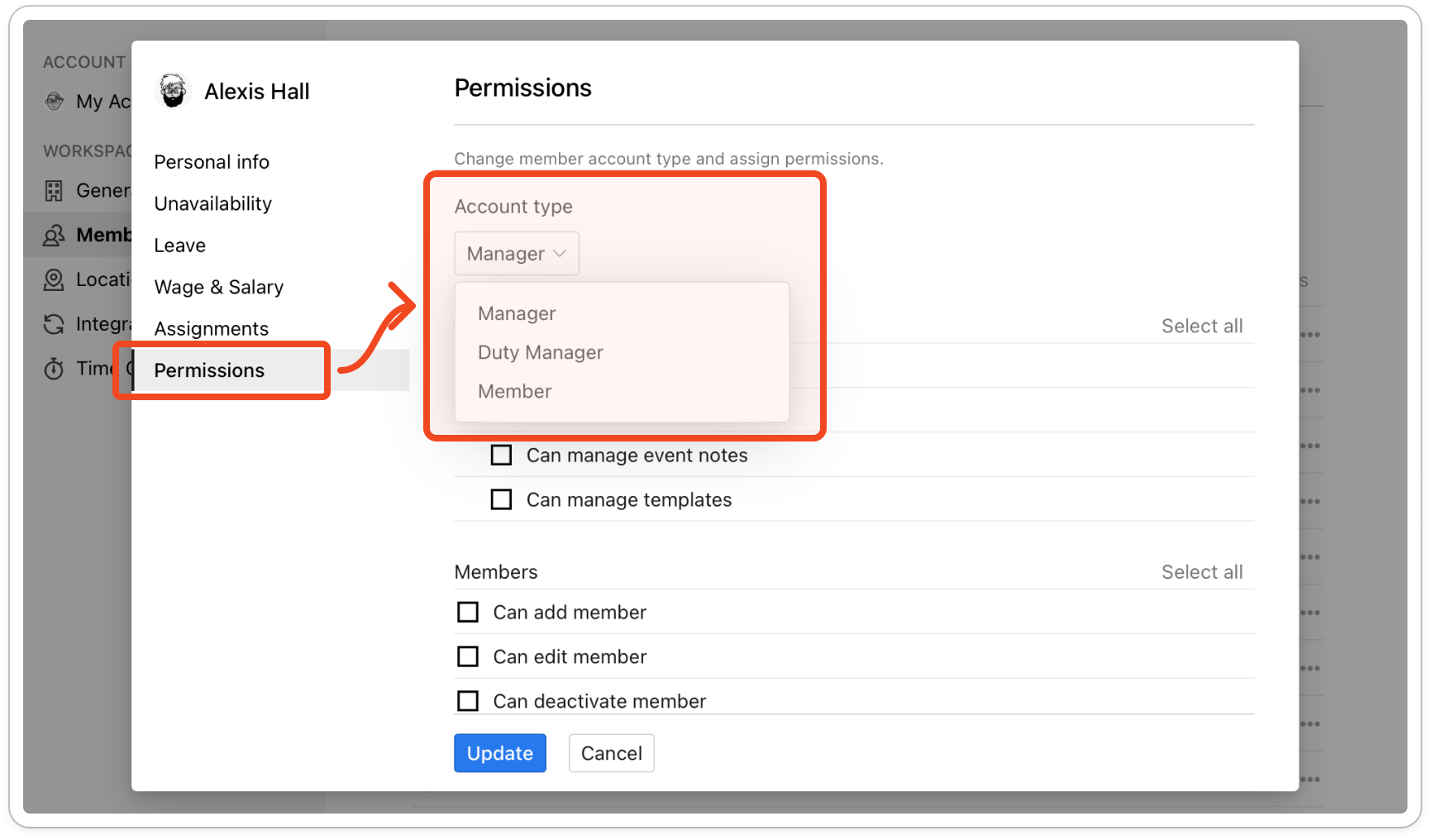The Permissions tab of a member's profile with the Account type list open, showing Manager, Duty Manager and Member