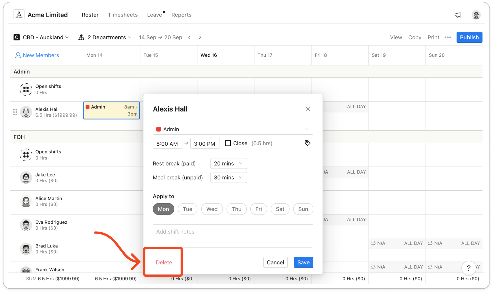 The shift editor for an existing shift, with the tag icon beside the times and Delete at the bottom left