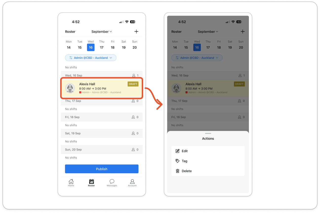 The Actions sheet over the mobile roster showing Edit, Tag and Delete