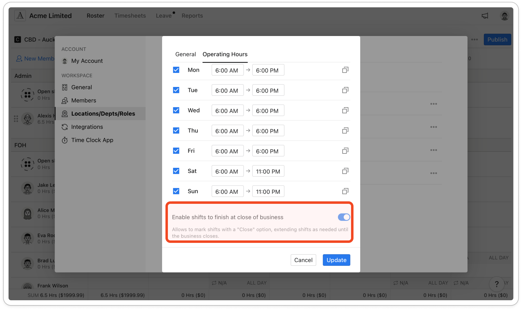 The Location Settings window on the Operating Hours tab, with the Enable shifts to finish at close of business switch turned on below the day rows and the Update button. assets/imported/51000487487-3.png shows this screen with current labels
