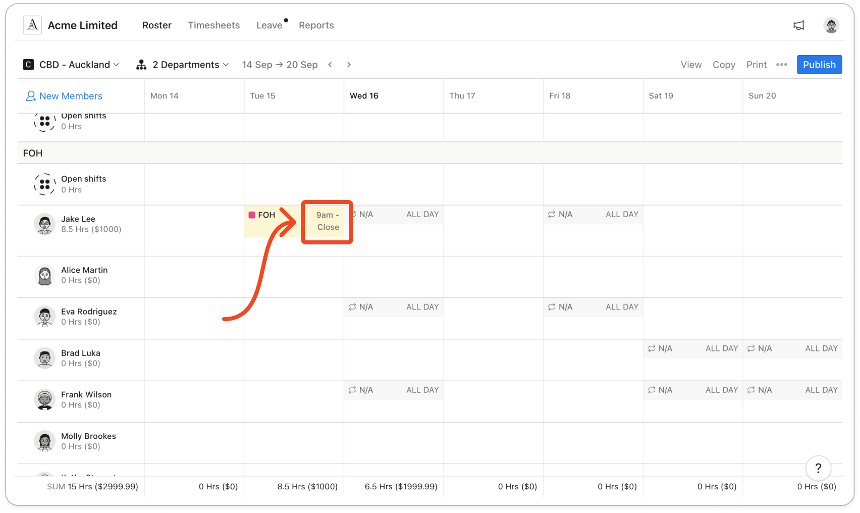 A roster week with one shift reading, for example, 4pm - Close in a member's row