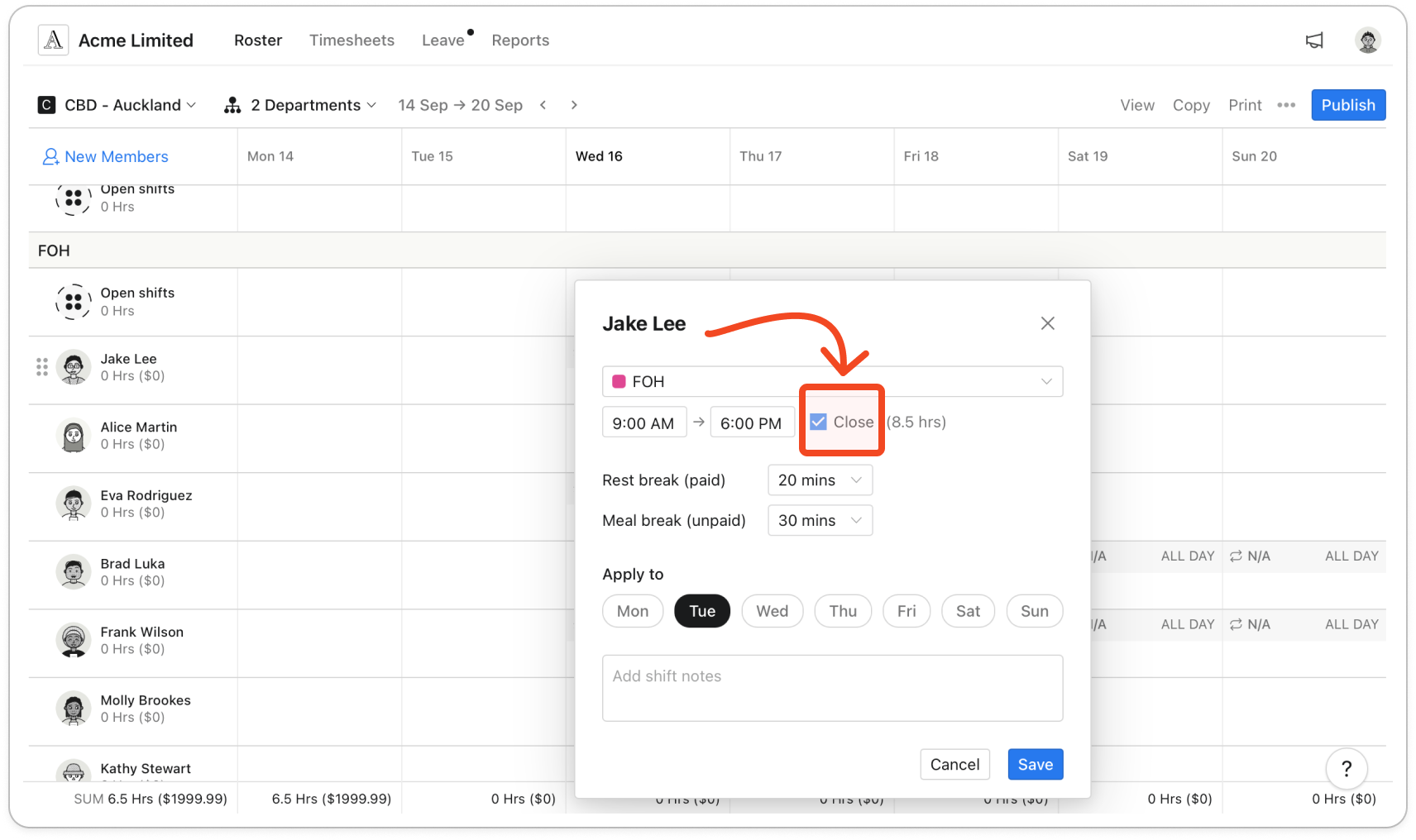 The shift editor popover with a start time set and the Close box ticked next to the finish time, showing the hours in brackets. assets/imported/51000487487-4.png is close but shows the old Paid Break and Unpaid Break labels, so capture a new one