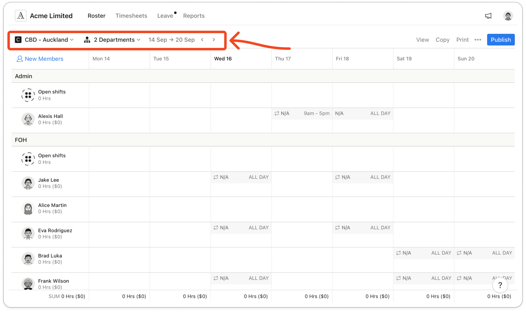Roster toolbar with the location dropdown open showing Locations of Business, and the departments button beside it