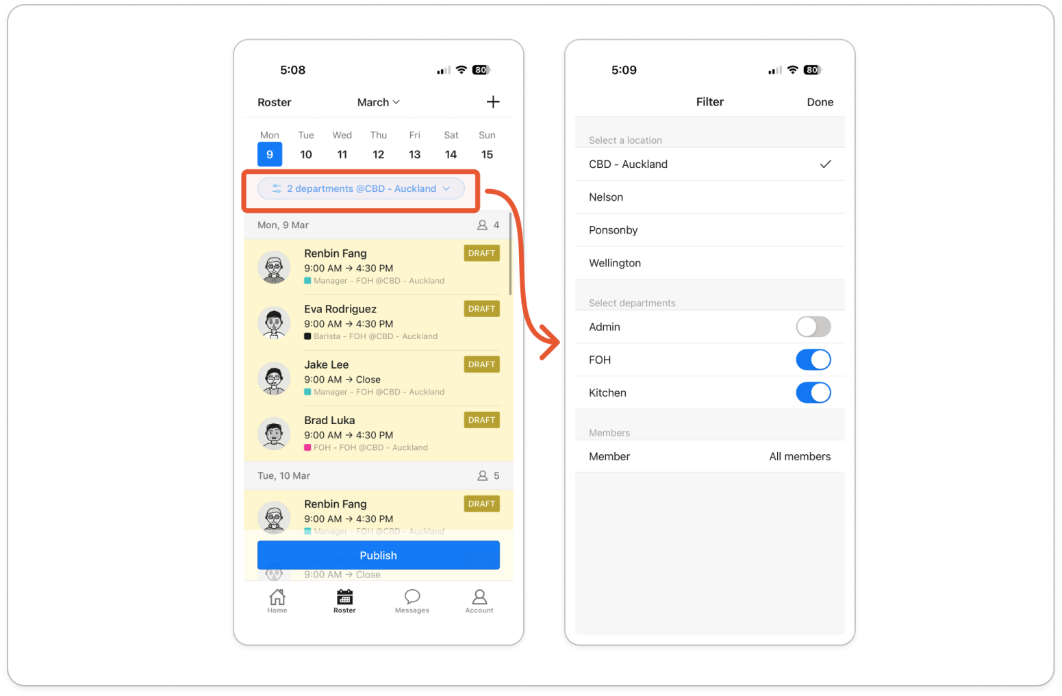 Roster management screen on the phone with the day strip and the filter button showing a department @ location