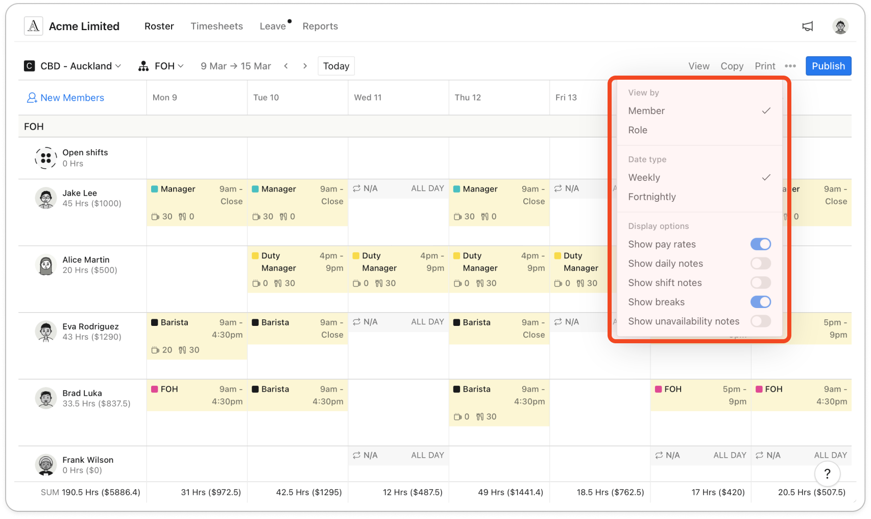 View popover open with View by (Member, Role), Date type (Weekly, Fortnightly) and the Display options switches