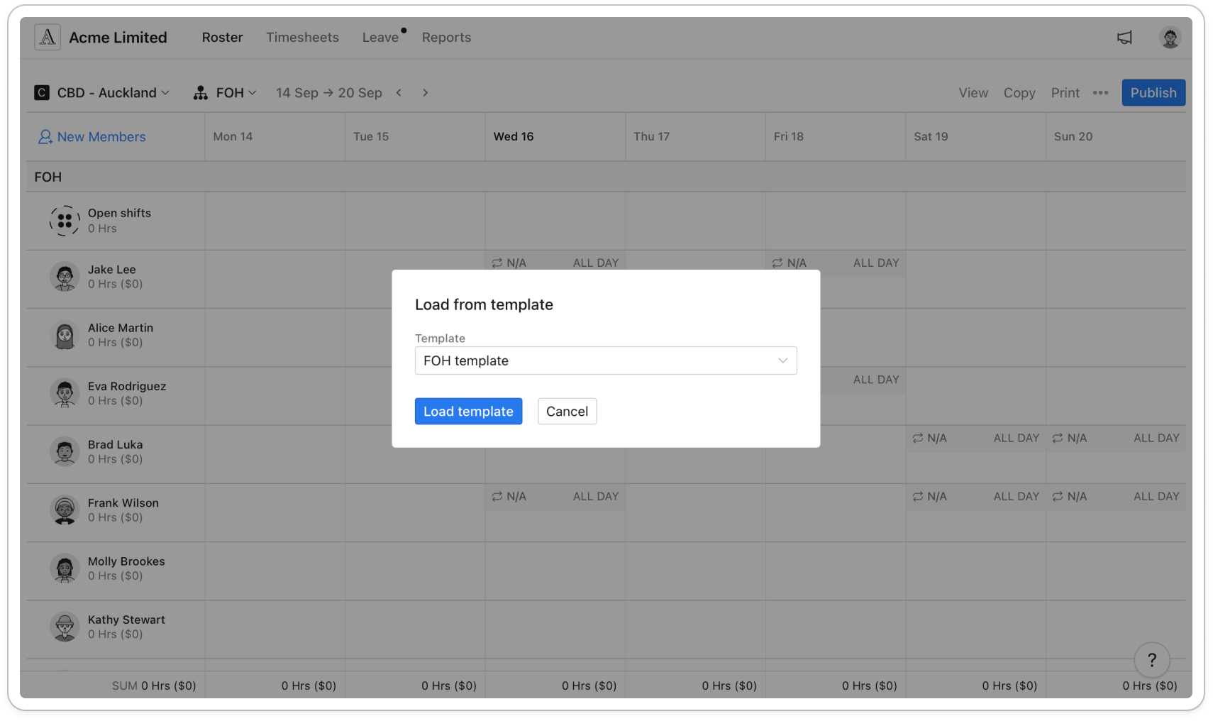 Load from template dialog with the Template list and the Load template button