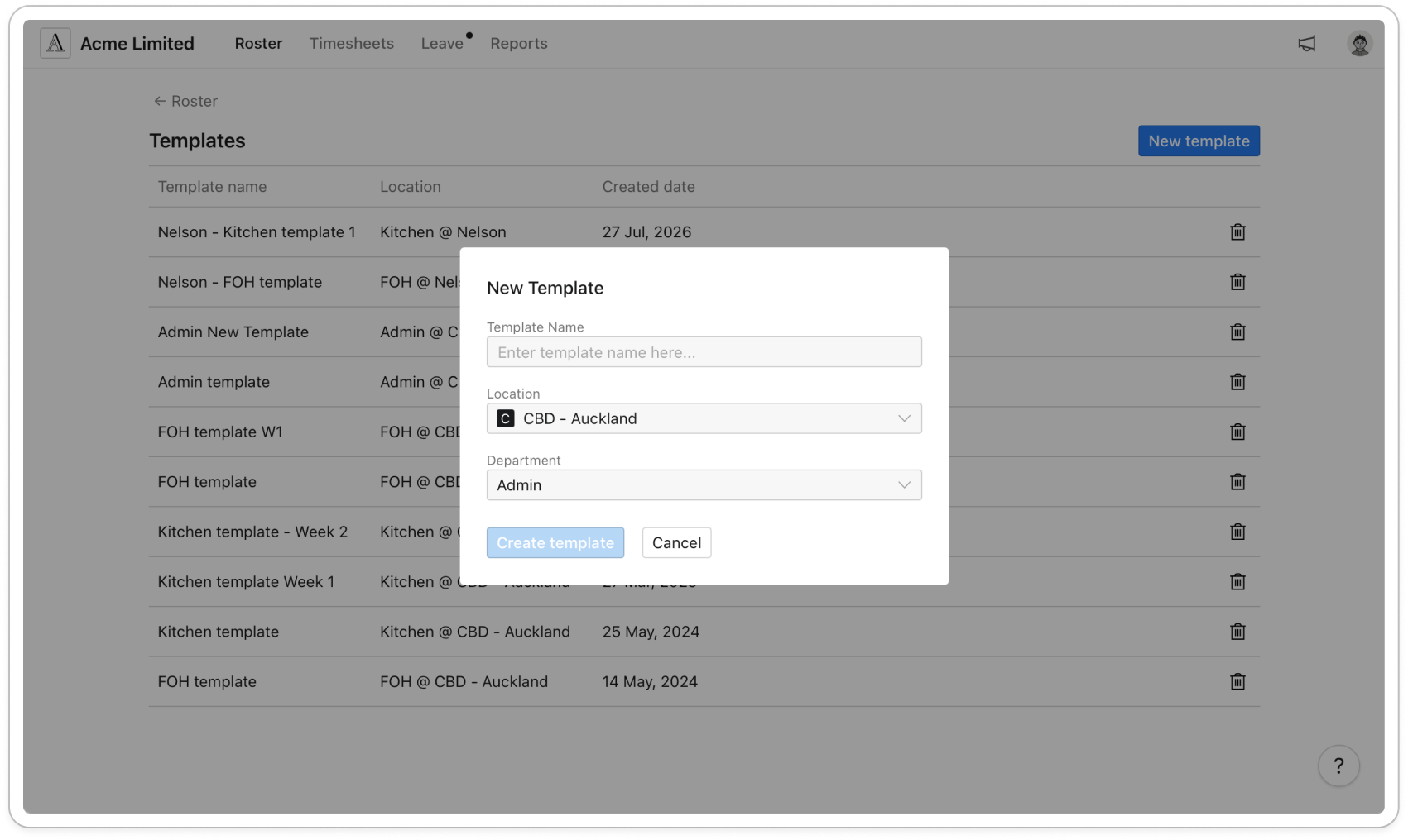 Templates page with the Template name, Location and Created date columns, and the New Template dialog open over it