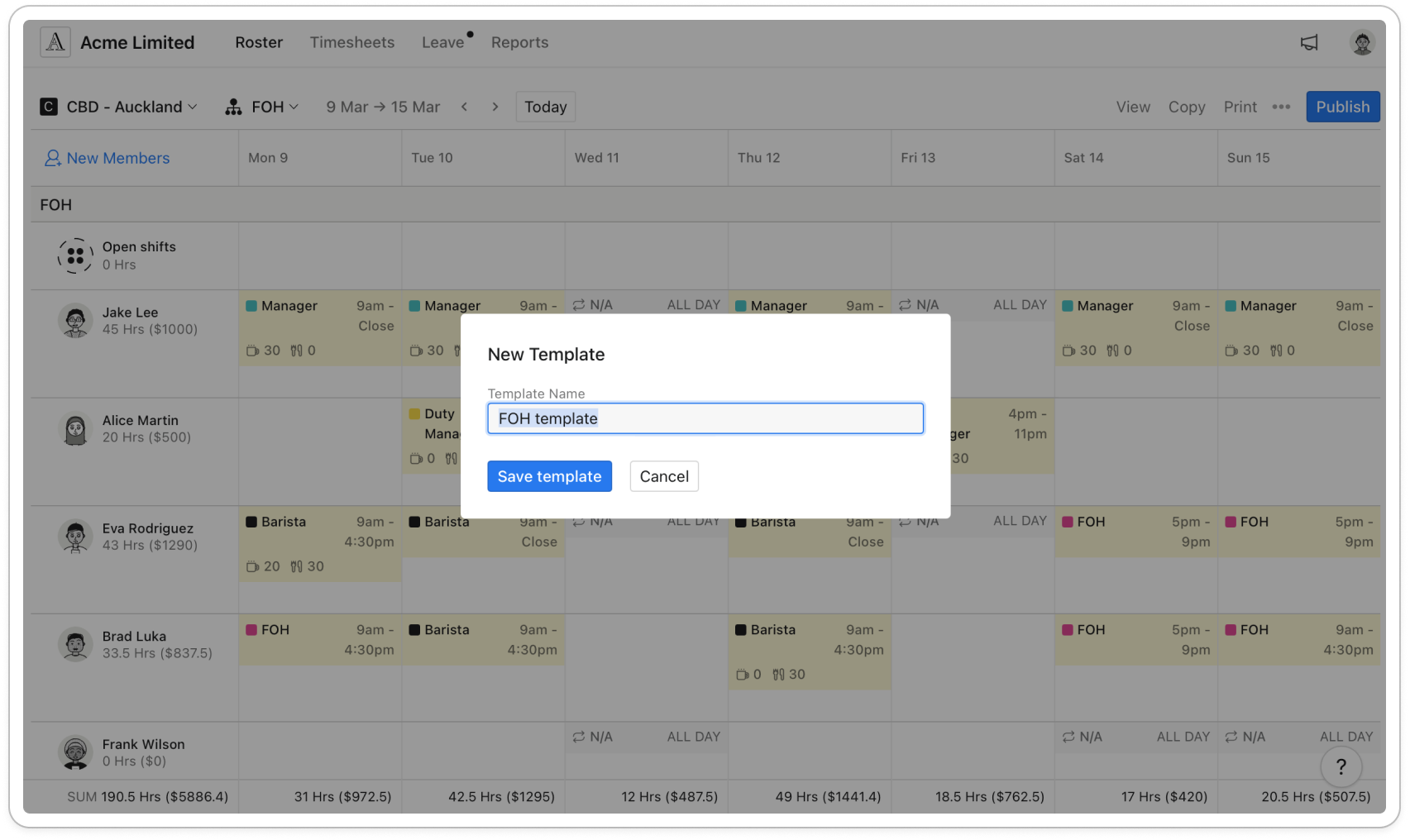 New Template dialog opened from the roster, with Department and Template Name filled in and the Save template button