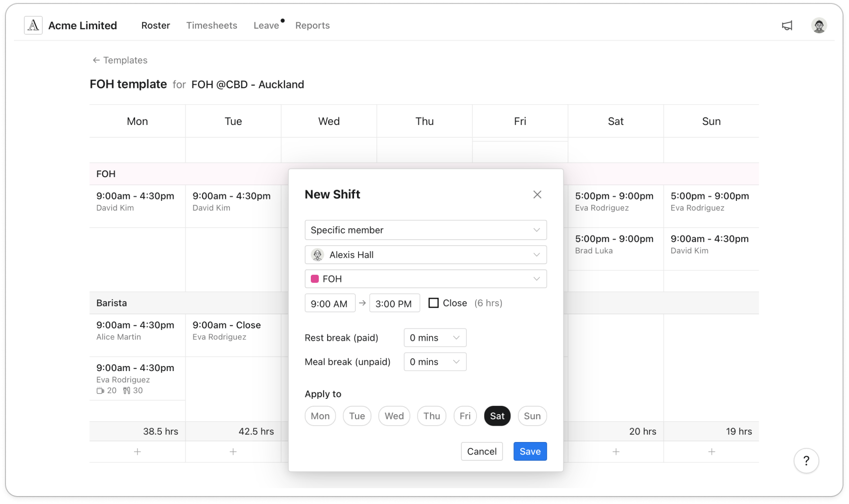 Template editor with shifts in role rows and the New Shift popover open, showing the Open shift or Specific member list, the break fields and Apply to