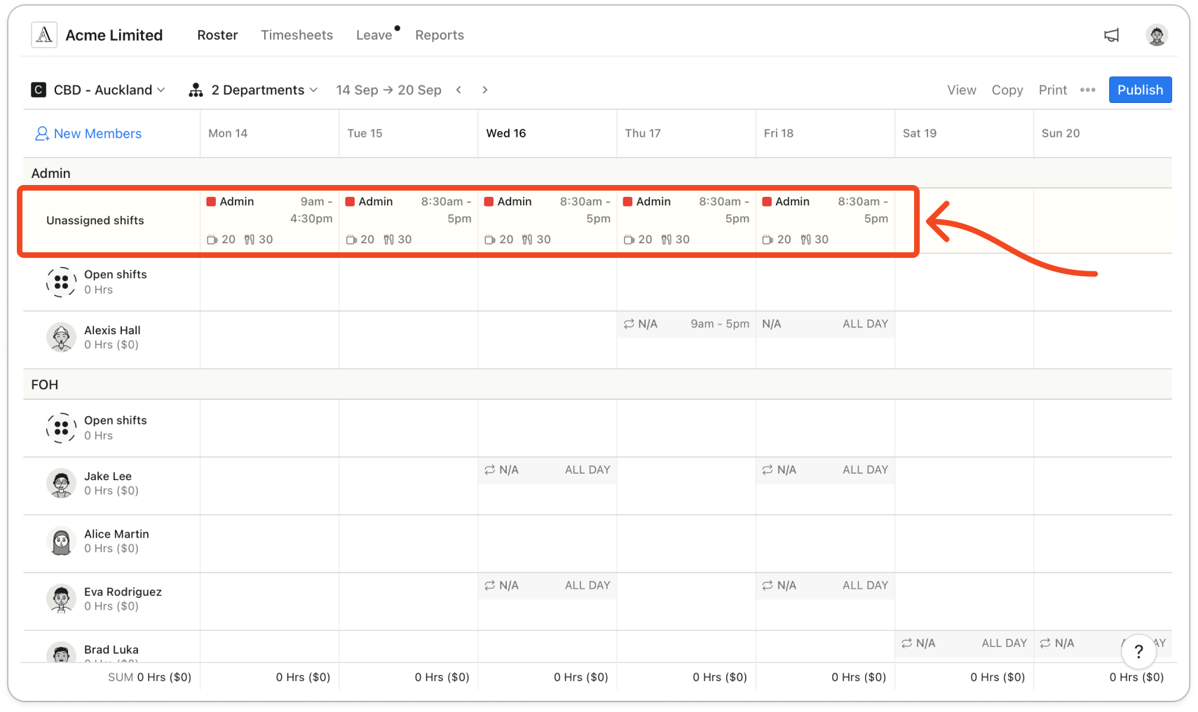 The Unassigned shifts row at the top of the roster with two shifts in it, one being dragged onto a member's row below