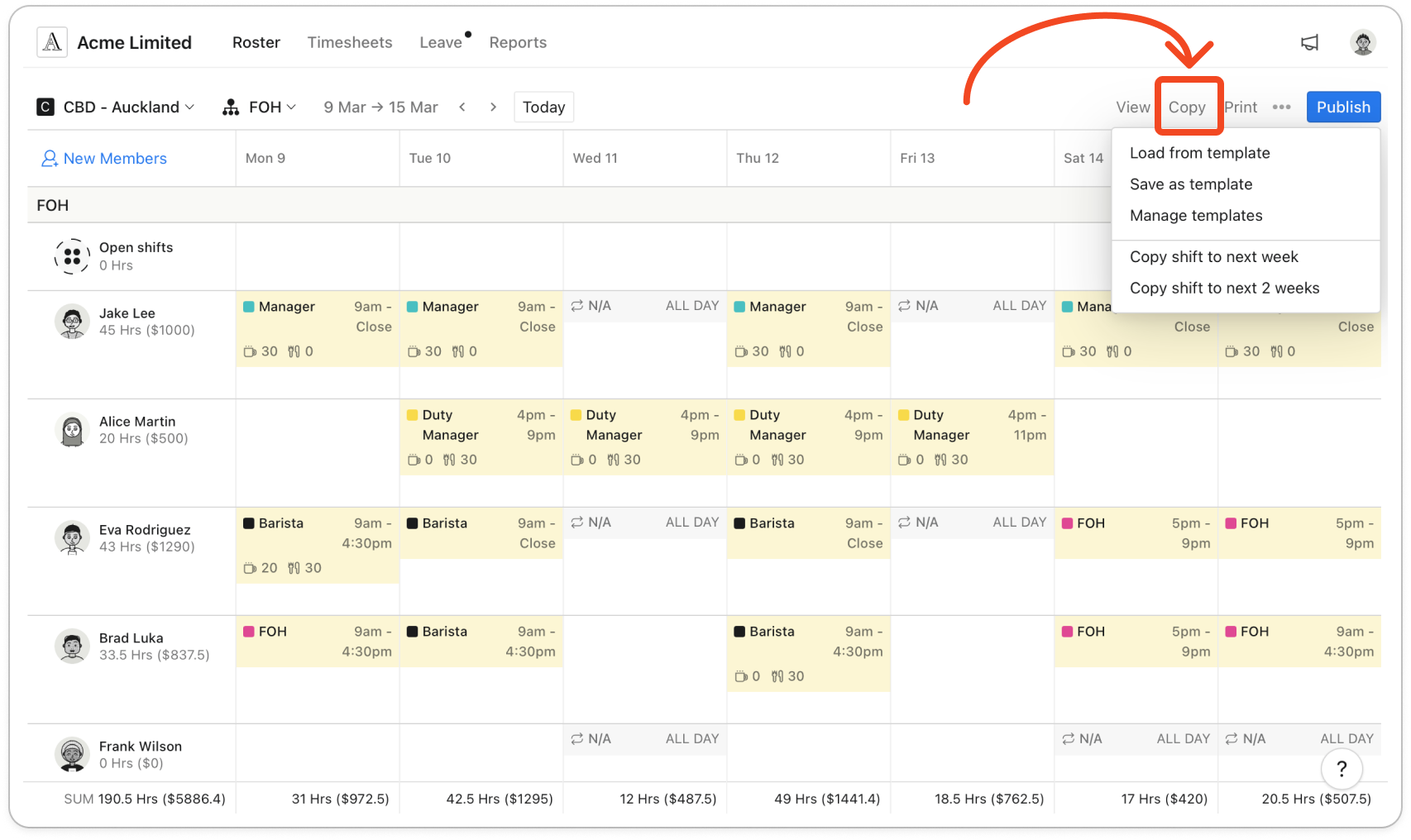 The roster in the weekly view with the Copy menu open, showing Copy shift to next week and Copy shift to next 2 weeks