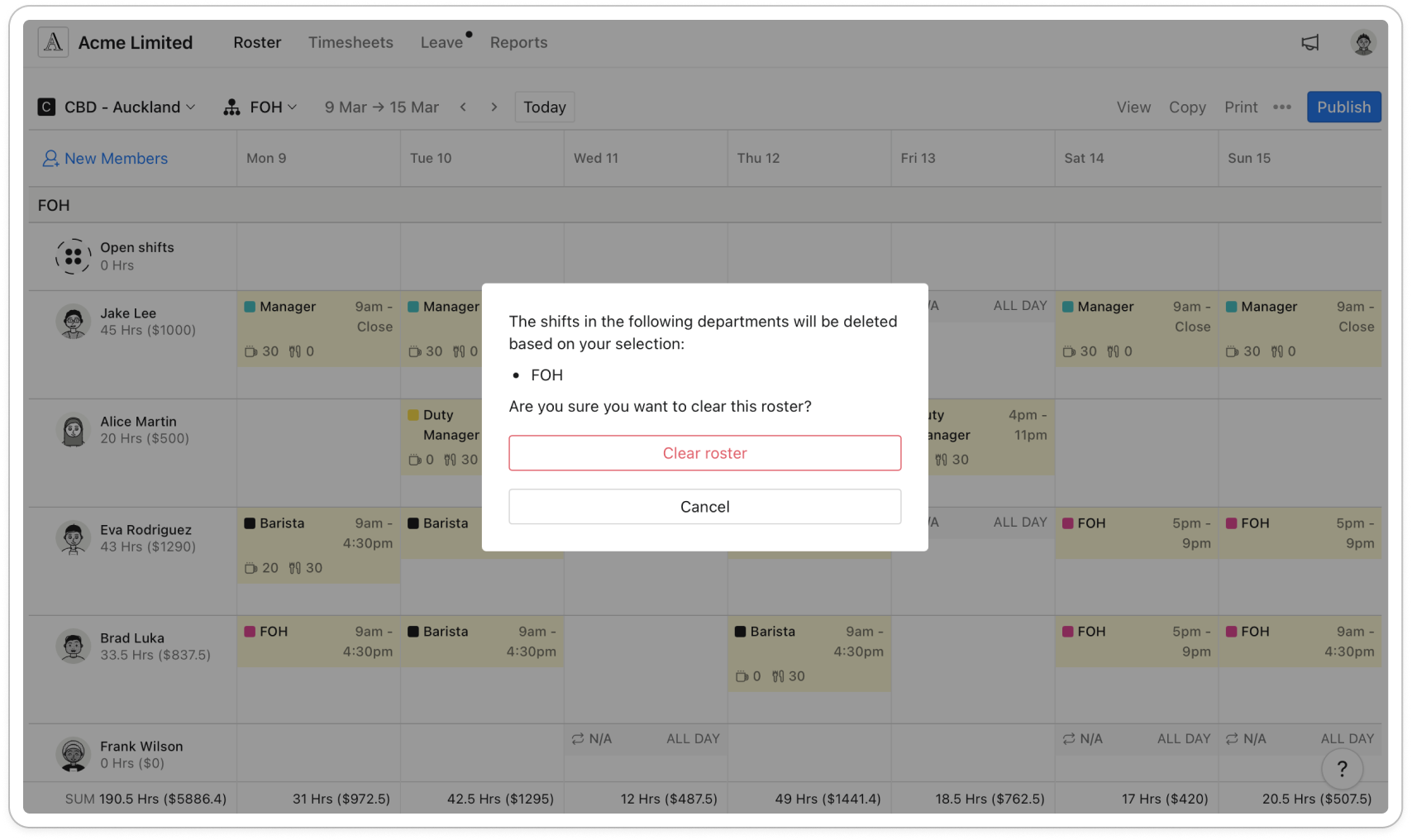 The Clear roster dialog listing the selected departments, with the Clear roster and Cancel buttons