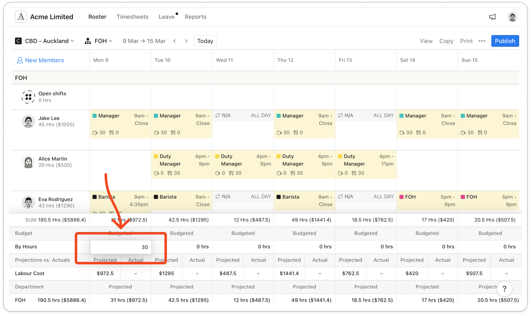 The open budget with the Budget, By Hours row, one Budgeted cell being edited and the other days showing their hours