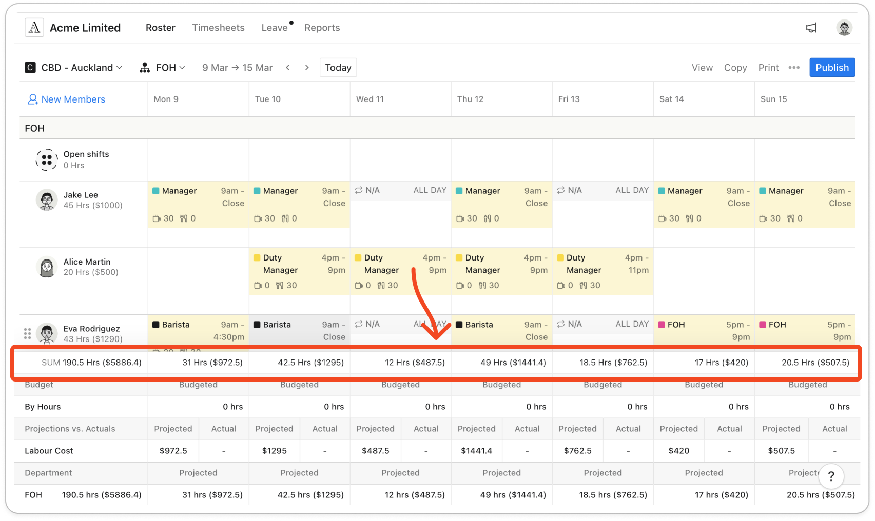 Bottom of the Roster page in Weekly view, with the SUM bar showing the week's total hours and the hours for each day