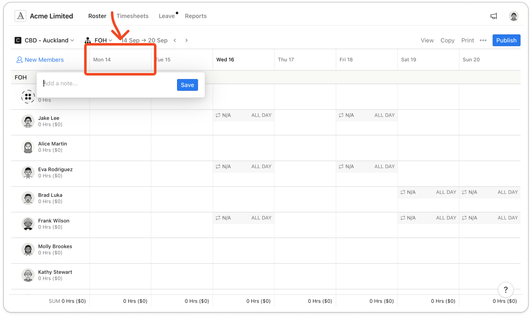 Roster page with the note box open under the Mon 14 column heading, showing the "Add a note..." box and the Save button